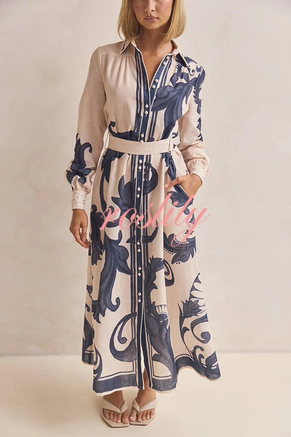 Plant Print Lapel Puff Sleeves Vintage Belt Loose Pocket Maxi Dress
