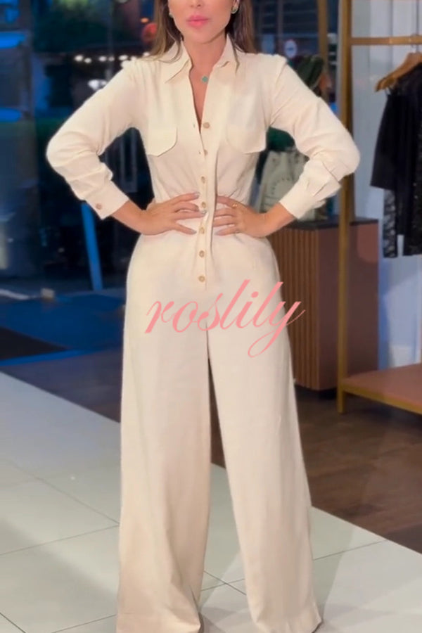 Linen Blend Lapel Long Sleeve Button Pocket Wide Leg Jumpsuit