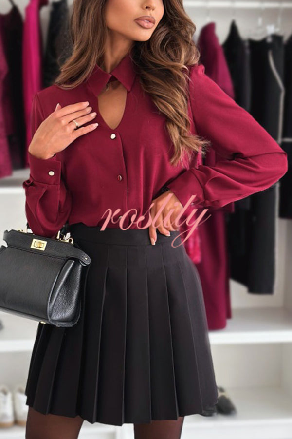 Solid Color Lapel Long Sleeve Versatile Hollow Casual Shirt