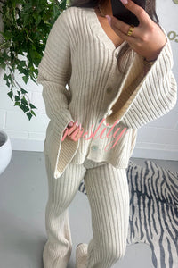 Solid V-neck Ribbed Knit Button Up Top and Elastic Waist Wide Leg Pants Set