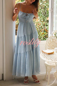 Solid Color Sleeveless Suspender Pleated Back Maxi Dress