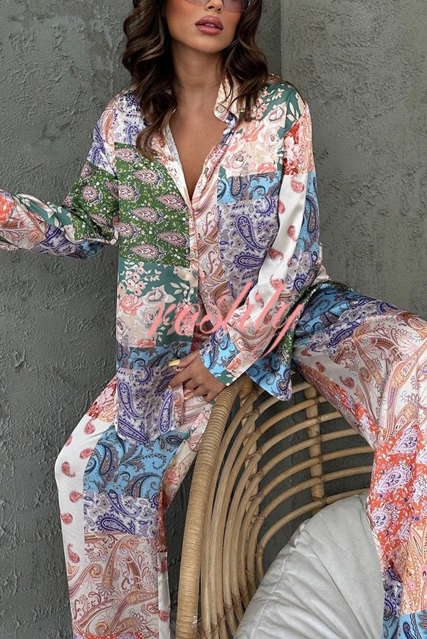 Unique Ethnic Print Long-sleeved Shirt and Elastic Waist Pants Set