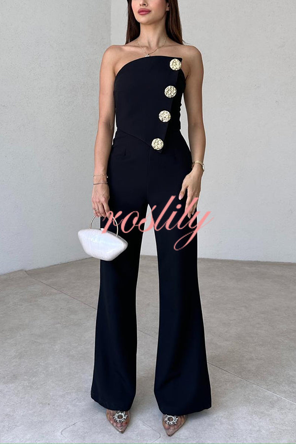 Solid Color Sexy Tube Top Gold Button Embellished Bootcut Jumpsuit