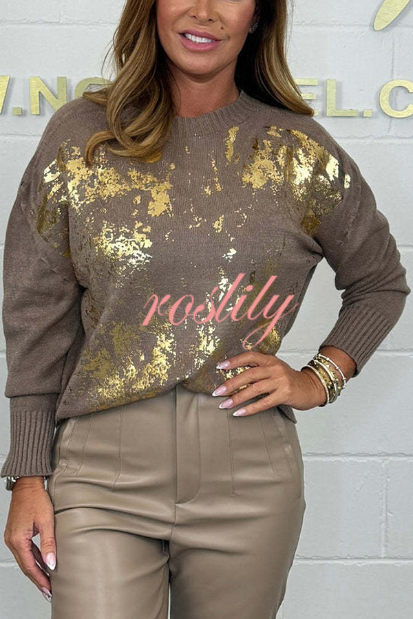 Fashionable Gold Stamping Printed Round Neck Long Sleeve Loose Sweater