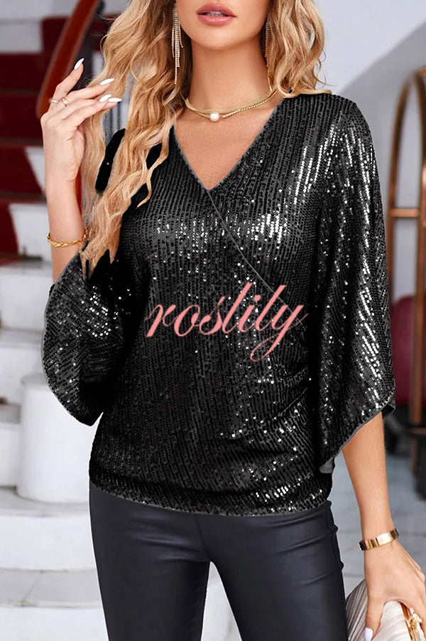 Solid Color Sequined V-neck Hollow Sleeve Slim Fit Top