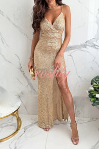 Look At The Bright Sequin V-neck Strap Slit Stretch Maxi Dress