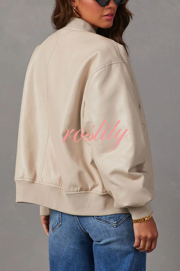 Solid Color Long Sleeve Loose Pocket Leather Jacket