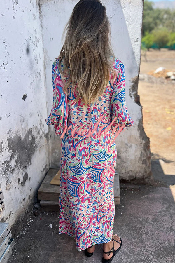 Unique Print V Neck Loose Pocket Holiday Maxi Dress