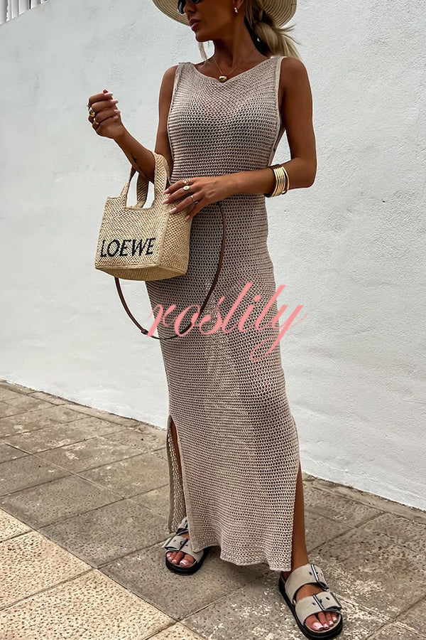 Solid Color Knitted Cutout Slit Slim Fit Maxi Dress