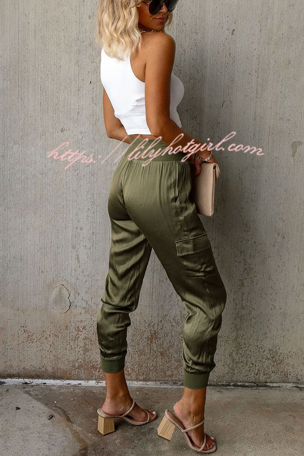 Luxe Look Satin High Waist Pocketed Joggers