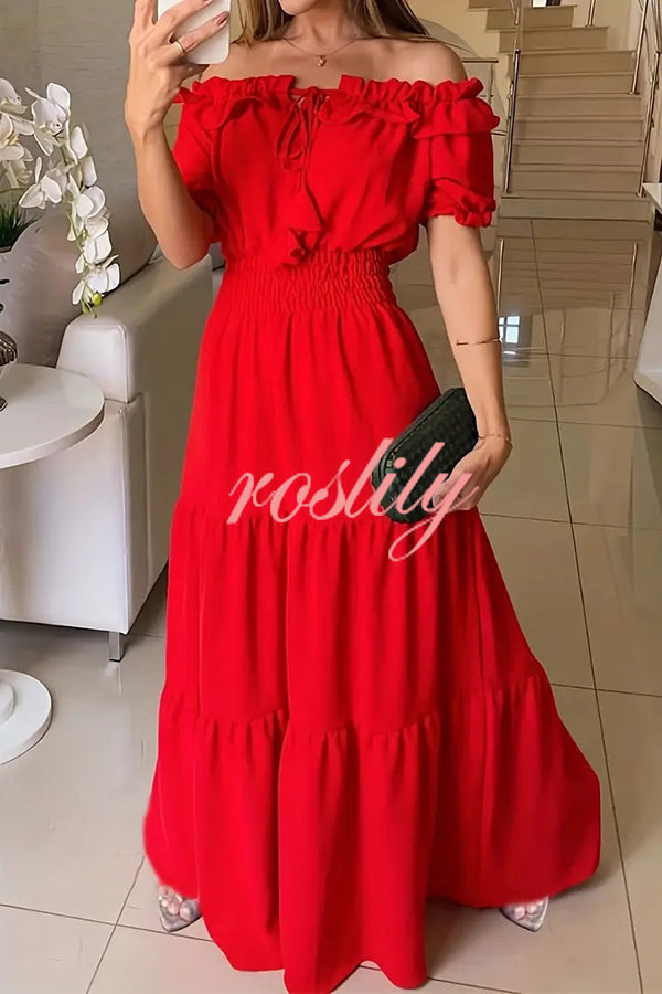 Admit Your Feelings Off Shoulder Smocked Waist Maxi Dress