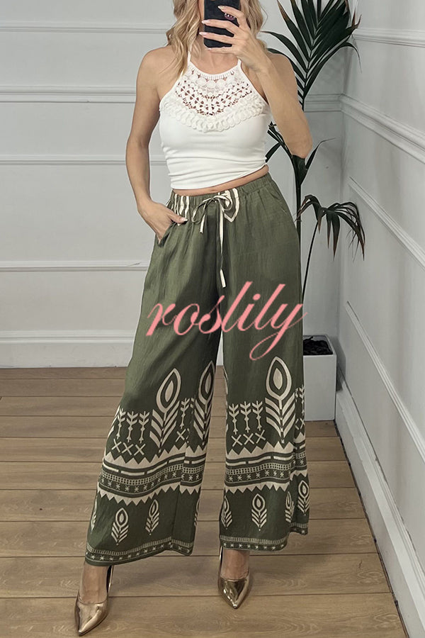 Unique Print Elastic Waist Casual Pocket Wide Leg Pants
