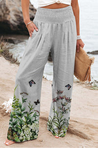 Finn Printed High Rise Smocked Waist Pocketed Wide Leg Pants