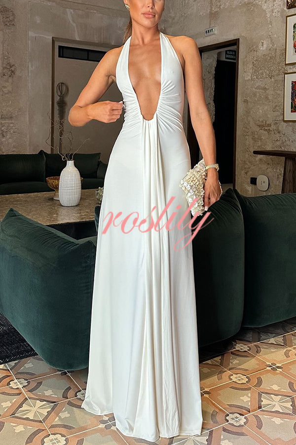 Sexy Silhouette Deep U-neck Halter Waterfall Sash Drape Maxi Dress