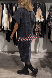 Solid Color Glossy V-neck Short-sleeved Loose Midi Dress