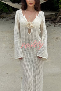 Bahamas Knit Long Bell Sleeve Sexy Backless Holiday Cover-up Maxi Dress