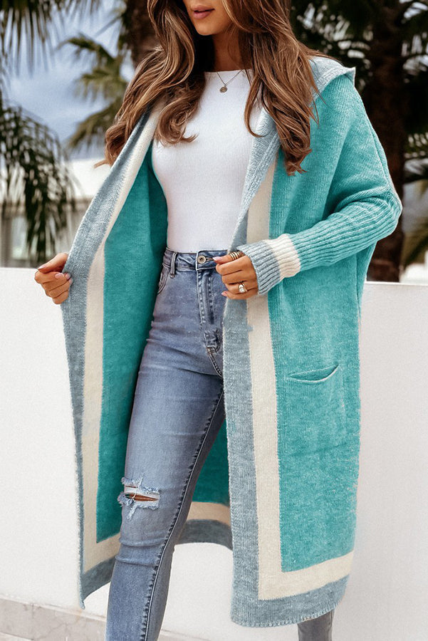 Catch Your Gaze Colorblock Pocket Hooded Long Cardigan