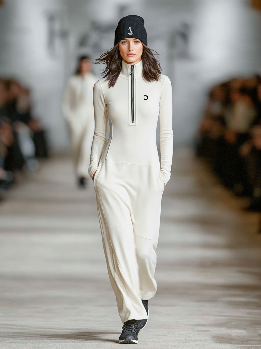 Sports Cotton Blend Half-high Collar Zipper Loose Maxi Dress