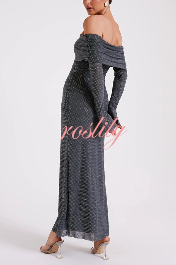 Sexy Shiny Off-The-Shoulder Long-Sleeved Fitted Maxi Dress