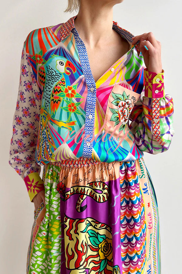 You Make Me Wonder Satin Colorful Unique Print Button Down Oversized Blouse