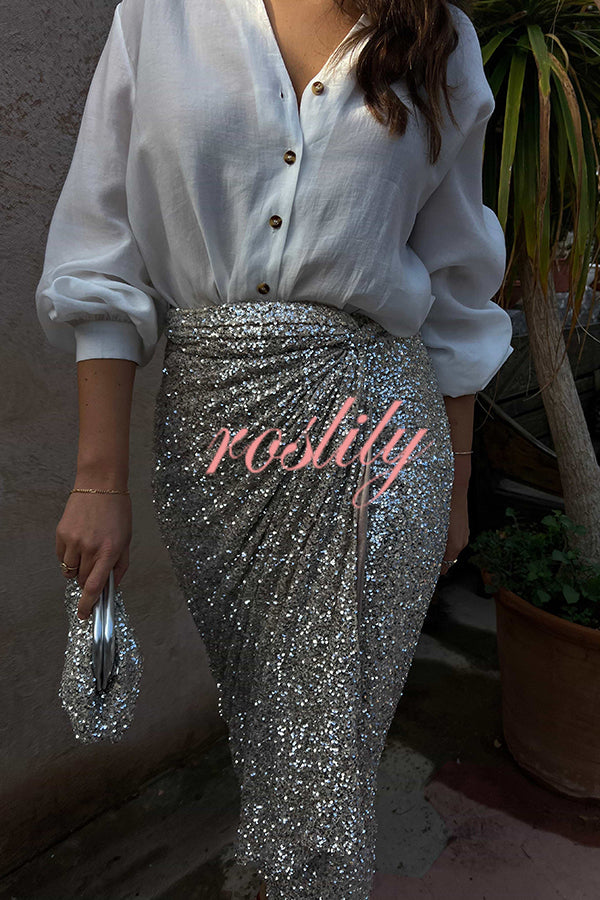 Disco Dancing Queen Sequin Wrap Tie-up Slit Midi Skirt