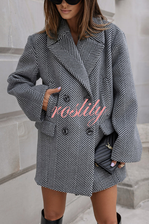 Fashion Stripe Print Lapel Pocket Coat