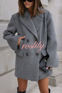 Fashion Stripe Print Lapel Pocket Coat