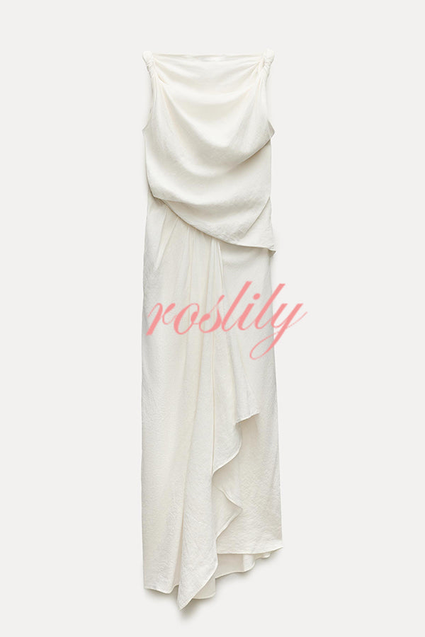 Sculptural Effect Linen Blend Twisted Shoulder Strap Drape Maxi Dress