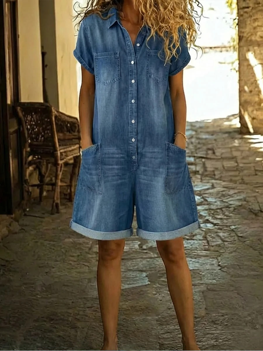 Casual Cotton Denim Jumpsuit Shorts