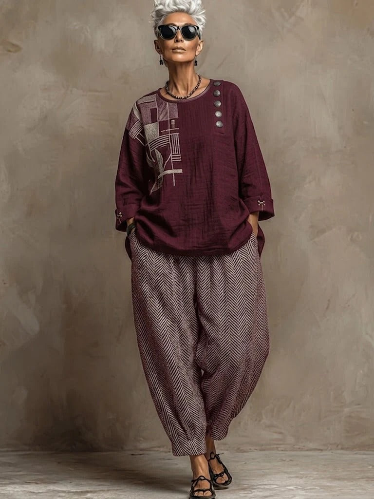Bohemian Art Print Cotton Linen Top And Pants Set