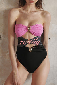 Color Block Patchwork Hollow Metal Decorative Stretch One-piece Swimsuit