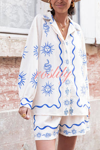 Symbol of Sicily Linen Blend Unique Print Balloon Sleeve Button Loose Shirt