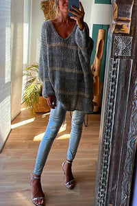 Autumn Brunch Knit Striped Colorblock Loose Pullover Sweater