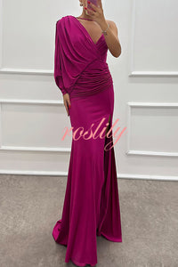 Like Venus One Shoulder Bat Sleeve Ruched Detail Slit Gown Maxi Dress