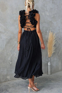 Luxe Lady Floral Ruffle Detail Back Lace-up Elastic Waist Maxi Dress