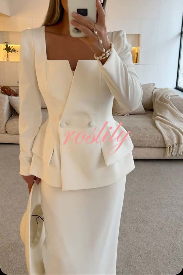 Sculptural Elegance Square Neck Button Blazer and Elastic Waist Pencil Midi Skirt Set