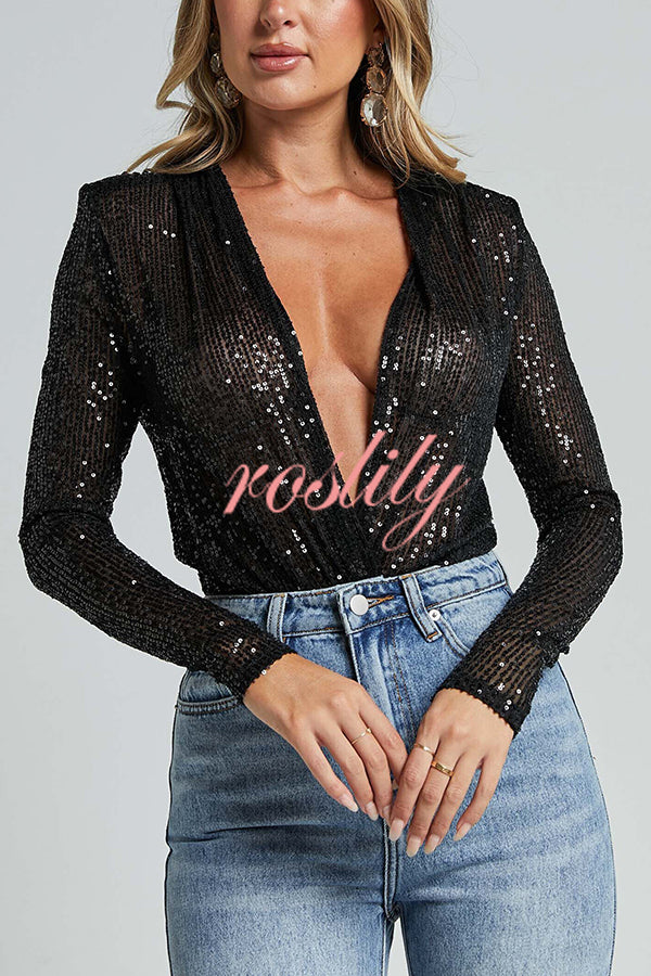 Alora Sequin Wrap Front Plunge Neck Long Sleeve Bodysuit