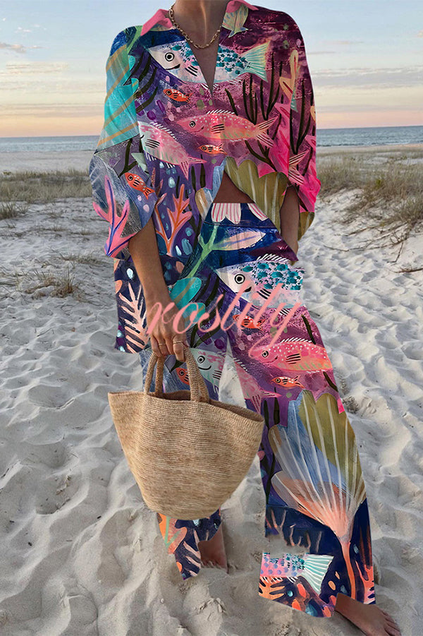 Ocean Fish Print Oversized Shirt and Elastic Waist Pocket Pants Set