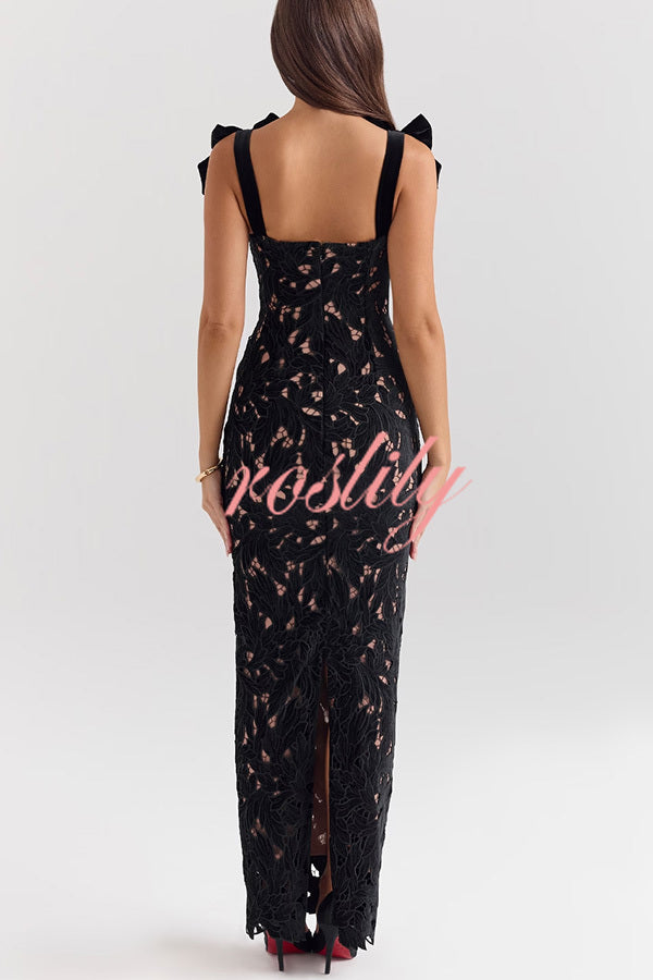 Holiday Intimacy Embroidered Floral Lace Bow Shoulder Straps Slit Maxi Dress