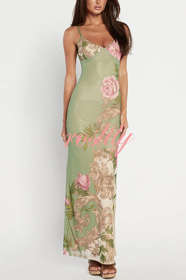 Reveling in The Unknown Floral Print Slip Stretch Maxi Dress