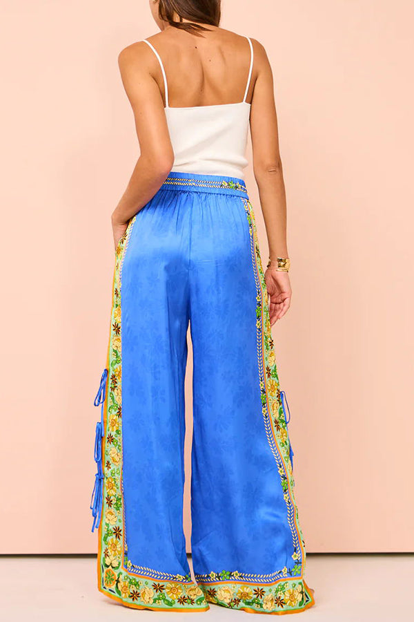 Nara Satin Unique Print Side Lace-up Tank and Elastic Waist Pocketed Wide Leg Pants Set