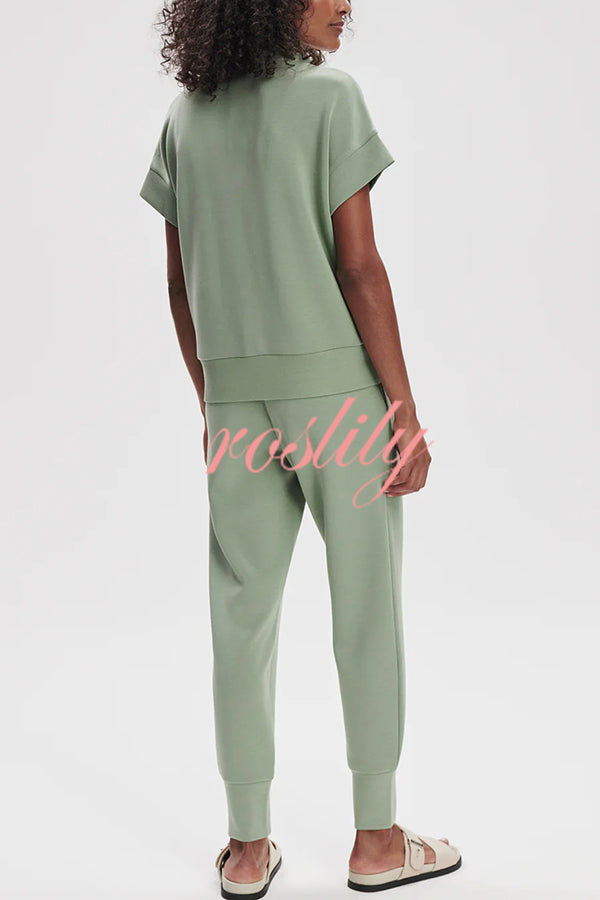 Comfortable and Relaxed Zip-up Short Sleeve Sweatshirt and Elastic Waist Pocket Stretch Pants Set