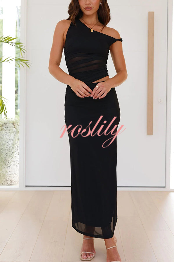 Solid Color Mesh Splicing Waist-baring Slim Maxi Dress