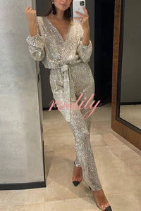 Cheers To You Sequin Long Sleeve Belted Wrap Loose Jumpsuit