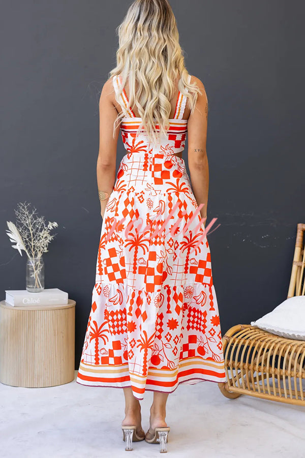 Unique Print Waist Cutout Back Gathered Suspender Maxi Dress