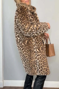 Leopard Print Lapel Long Sleeve Mid-length Plush Coat