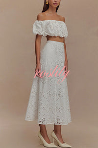 Arla Embroidered Lace Hollow Off Shoulder Bubble Crop Top