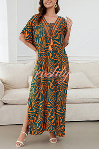 Floral Print V-Neck Lace-Up Loose Holiday Cover-Up Maxi Dress