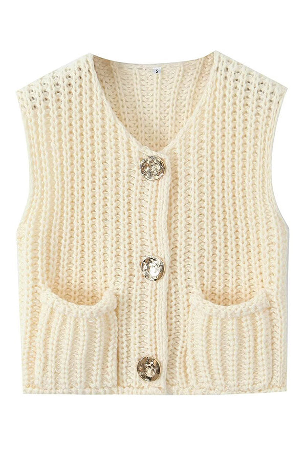 Solid Color Sleeveless Pocket Knitted Vest