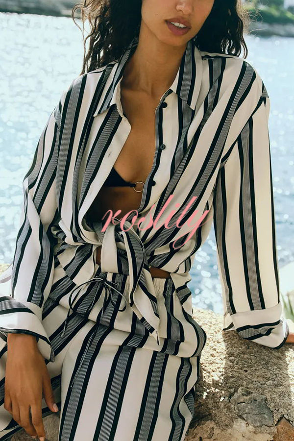 Lifetime of Happiness Striped Long Sleeve Loose Shirt and Elastic Waist Pocket Pants Set